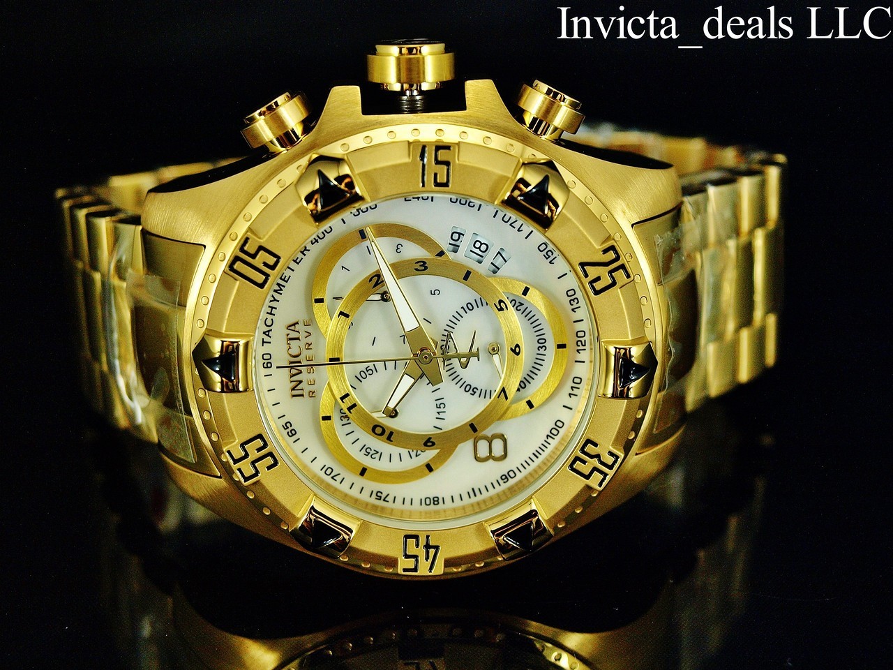 RareInvicta Men’s 52mm Reserve EXCURSION Swiss Chrono PLATINUM Dial Gold SS Watc