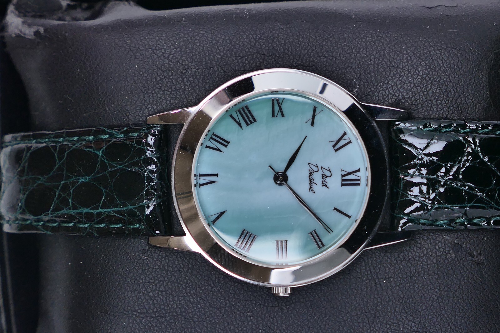 David Donahue Round Watch Swiss, Green Alligator Leather
