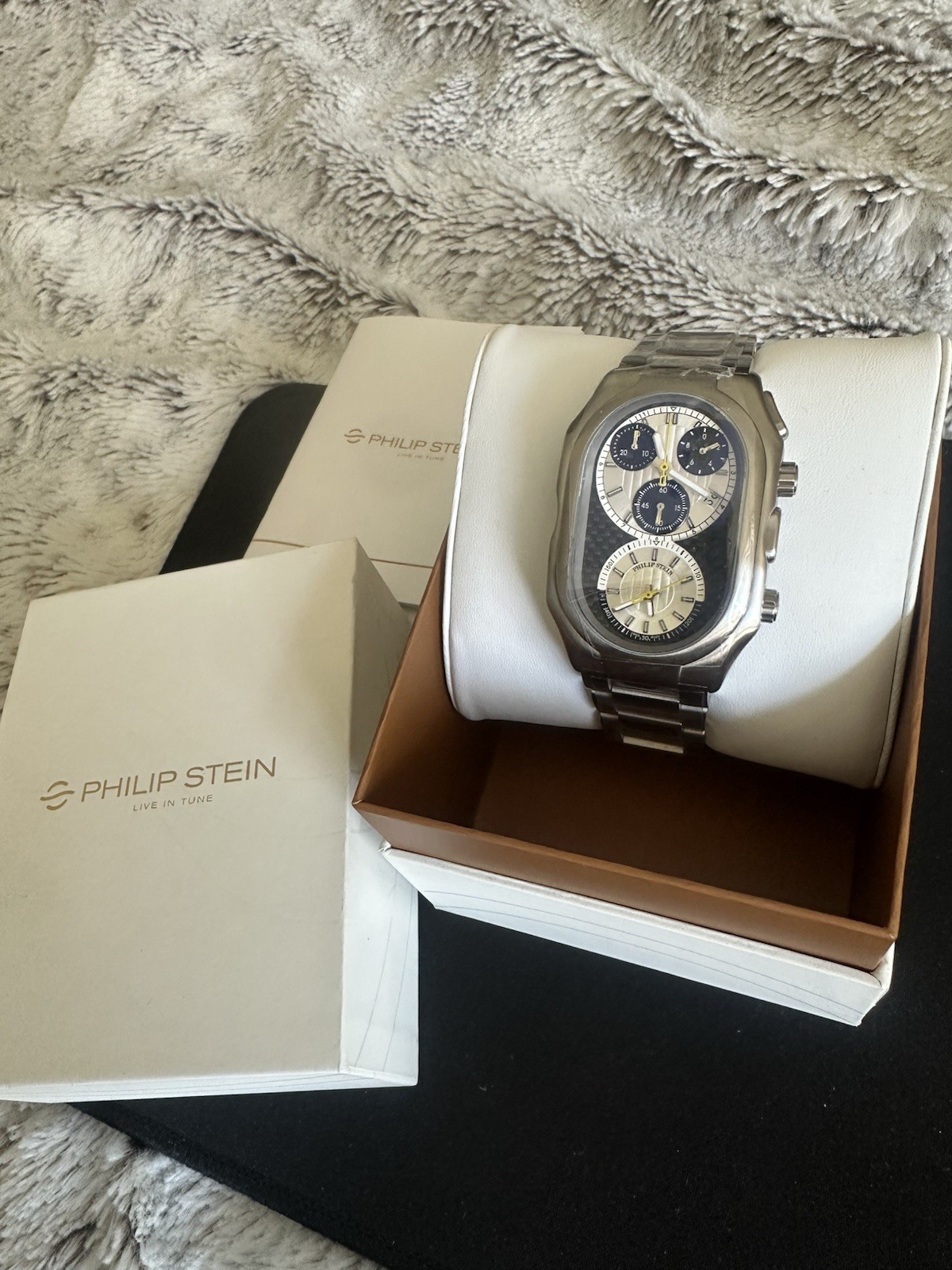Philip Stein Chrono Titanium Chronograph Quartz Tonneau Titanium Bracelet w/ Box