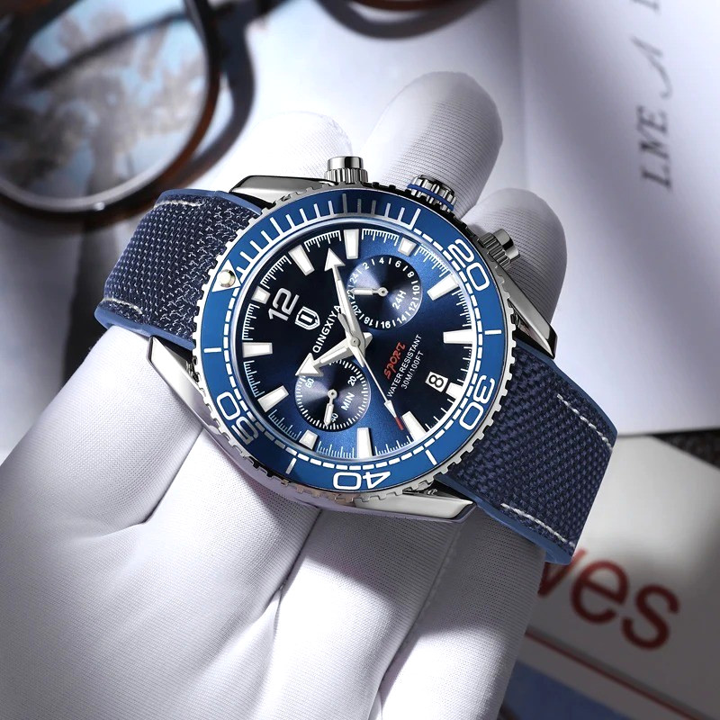 44MM QINGXIYA Quartz Diver Men’s Watch Nylon 30M Waterproof Date Luminous NEW