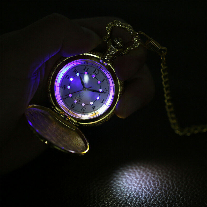 Steampunk Train LED Display Unisex Quartz Pocket Watch Antique Pendant Fob Chain