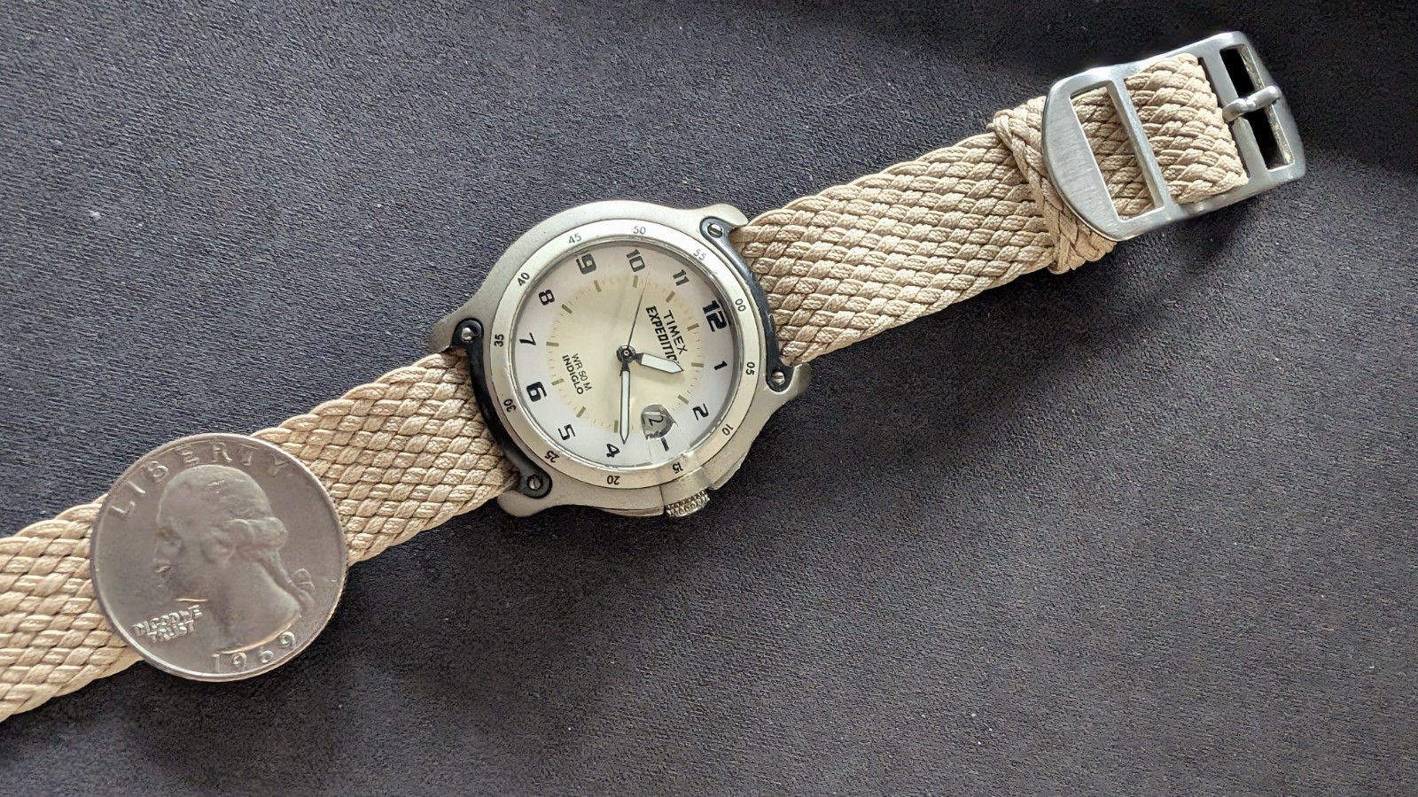 Timex Expedition WR50M Indiglo Date Cream Dial One-Piece Strap Watch