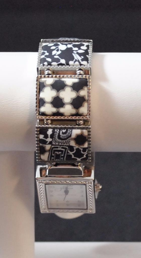 Jilzarah Black White Square Watch Polymer Clay Inlays Stretch Band Artisan