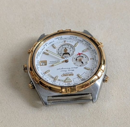 Seiko World Timer 6M15-0020 White Quartz Watch Case Only For Parts or Repair JPN