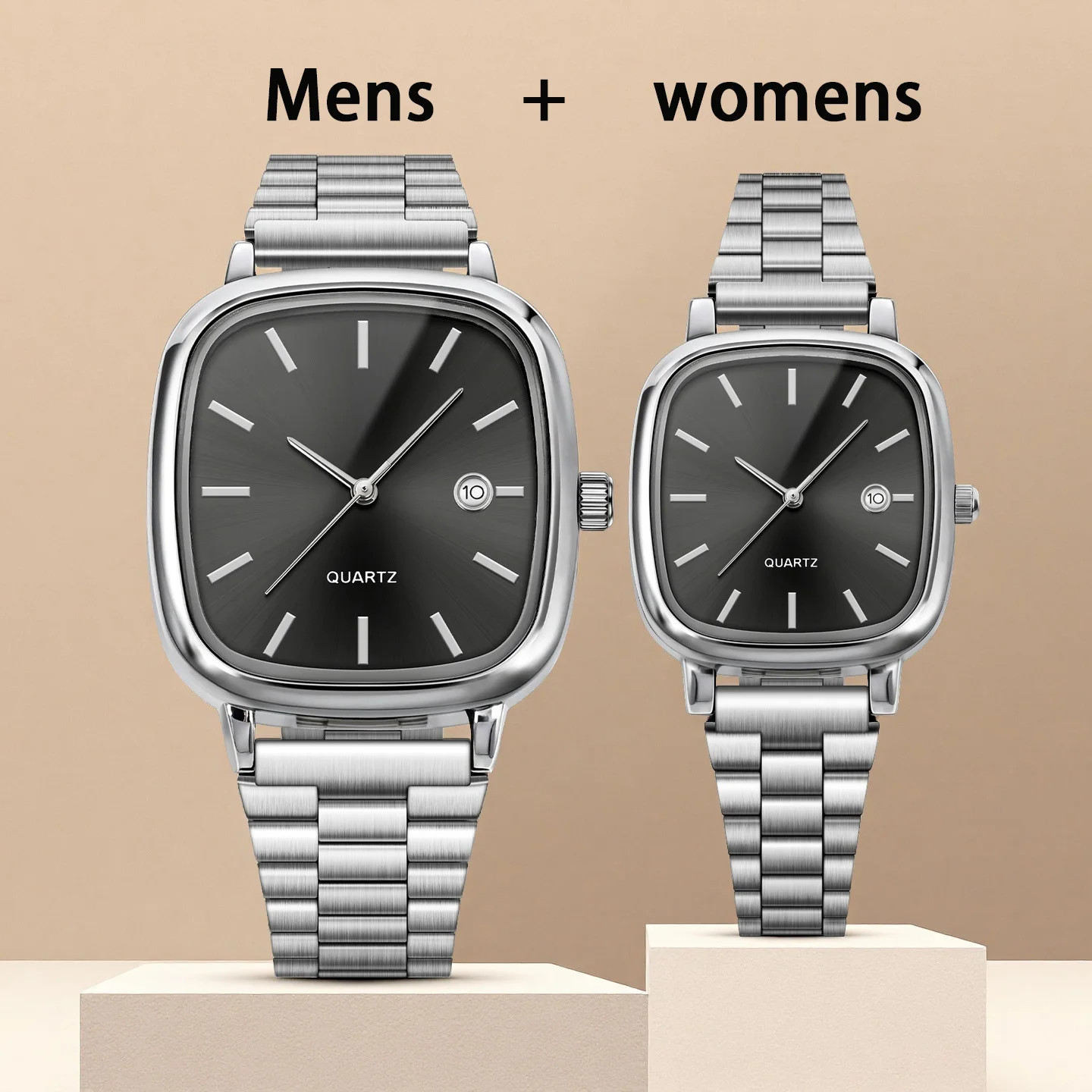 Couple watches for men and women; quartz watches with stainless steel bands