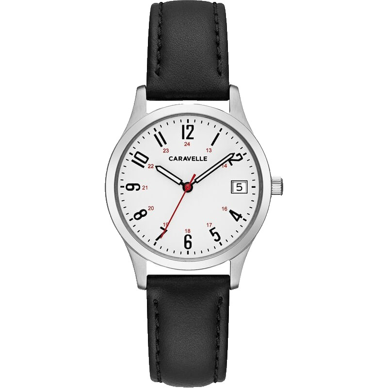CARAVELLE BY BULOVA 43M118 WHITE DIAL BLACK LEATHER STRAP 30MM WOMENS WATCH