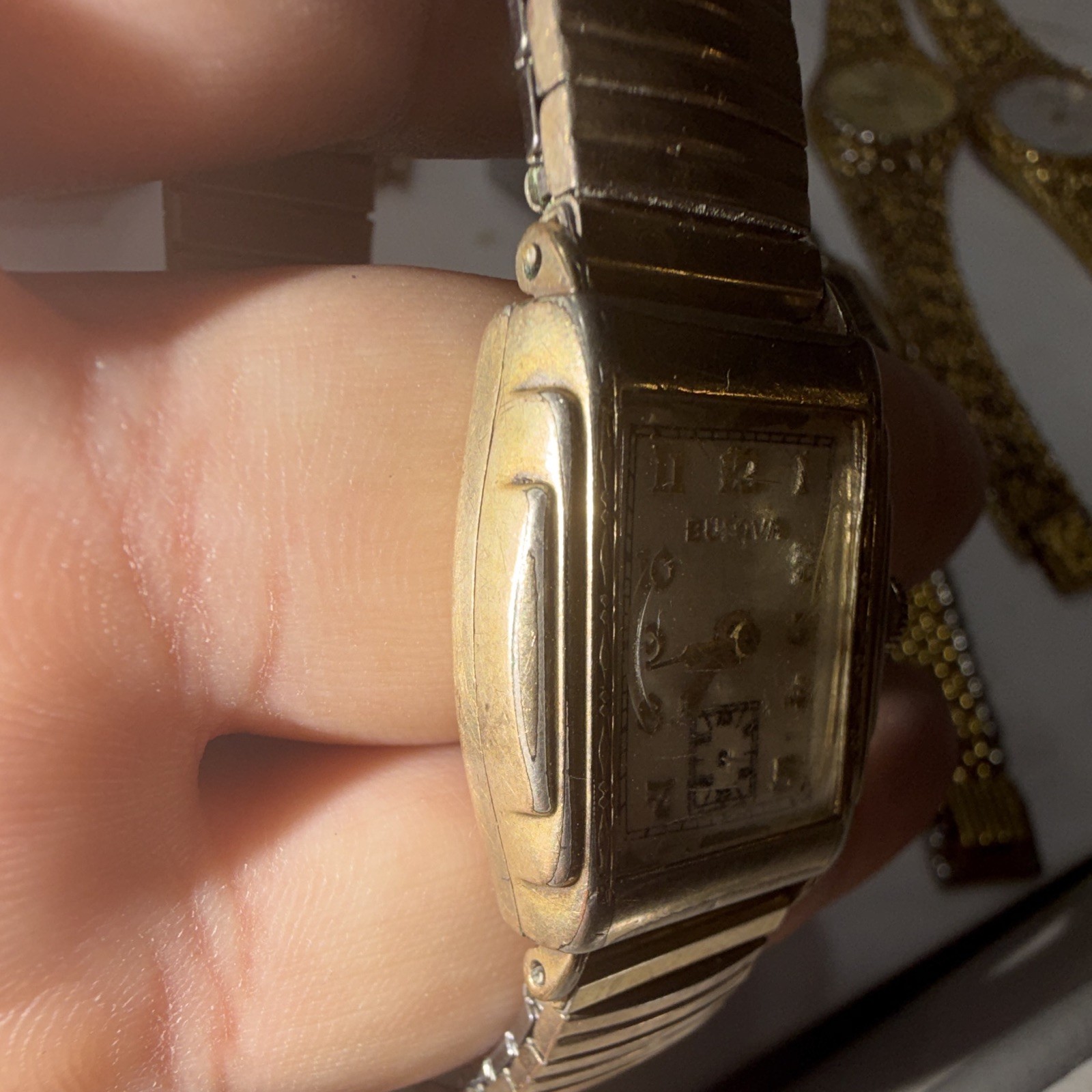 Vintage Bulova Ladies Rectangular Gold Plated Manual Watch White Dial Seconds