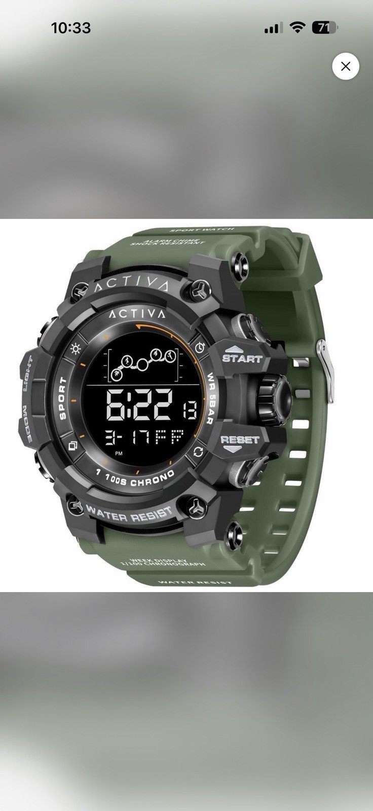 Activa Sport Digital Quartz Watch, Chronograph Alarm, 50m WR, Green Strap