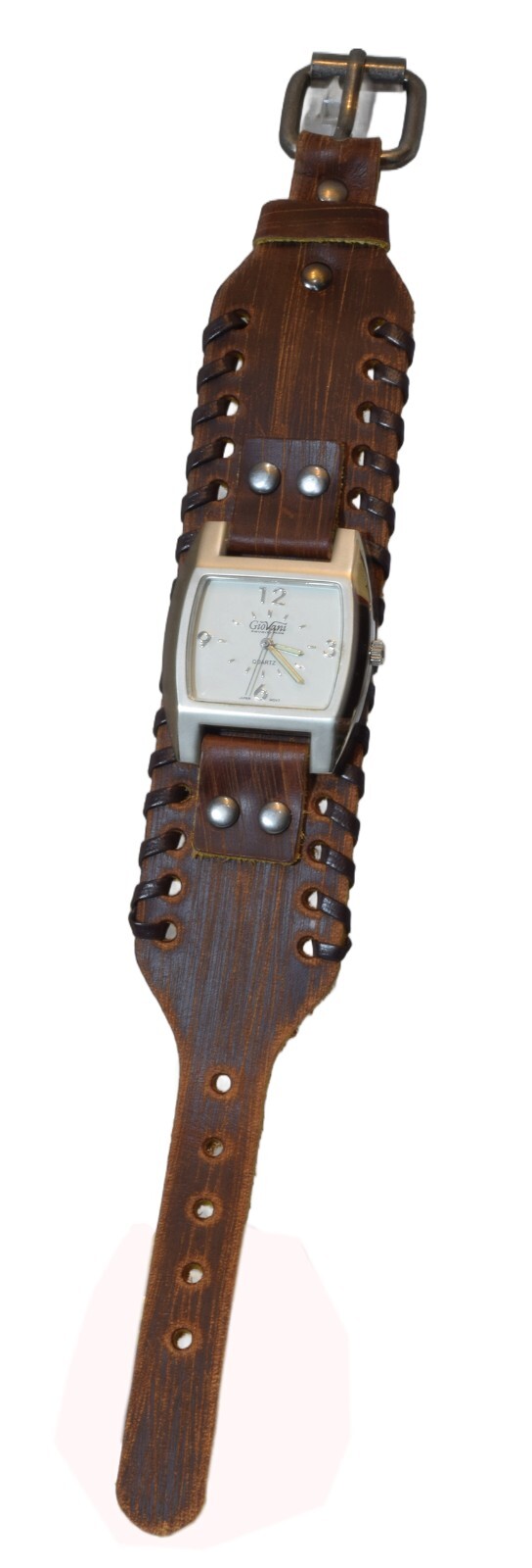 GIOVANI: Western punck style leather band Quartz Black/White/Green Face Watch
