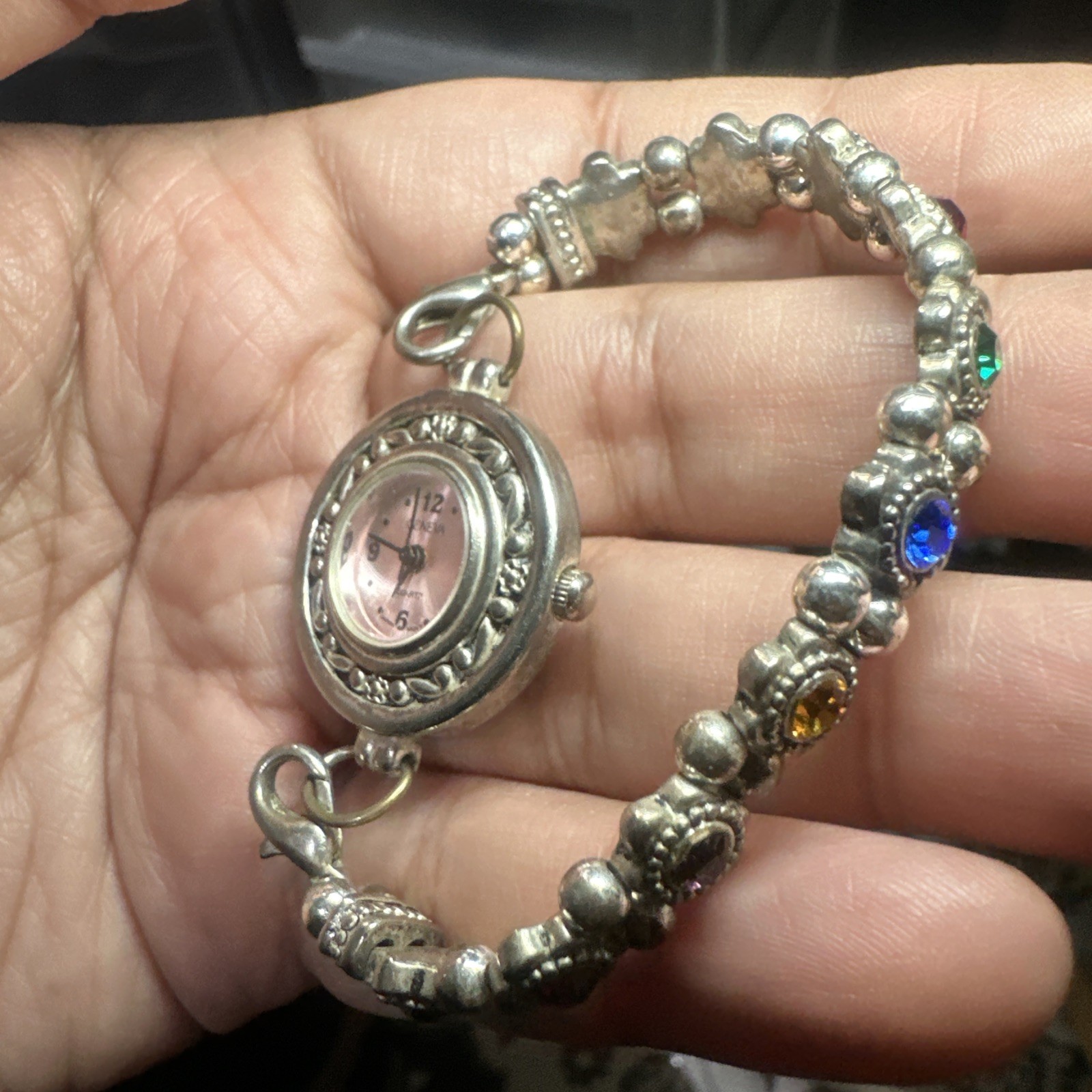 Working Geneva Pink dial Colorful Stone Bracelet Ladies Watch Silver Tone 26mm 7