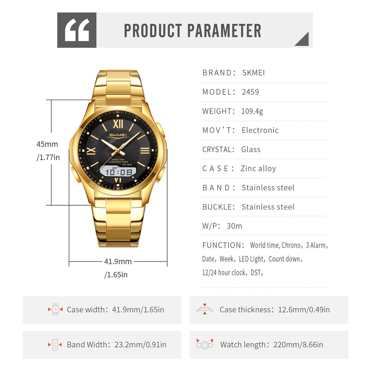 SKMEI Men Quartz Watch Roman Numeral Digital Wristwatch Male Steel LED Watches