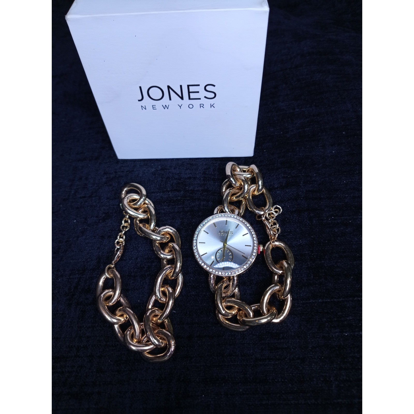 Jones New York Gold Tone Chunky Chain Watch and Bracelet Set Crystal Bezel Boxed