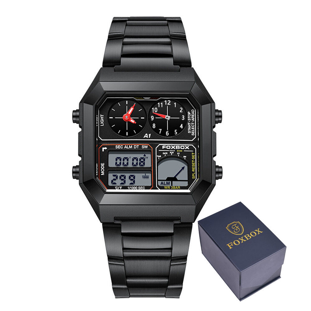 LIGE FOXBOX Men Watch Rectangle Wristwatch Digital Quartz Male Steel LED Watches