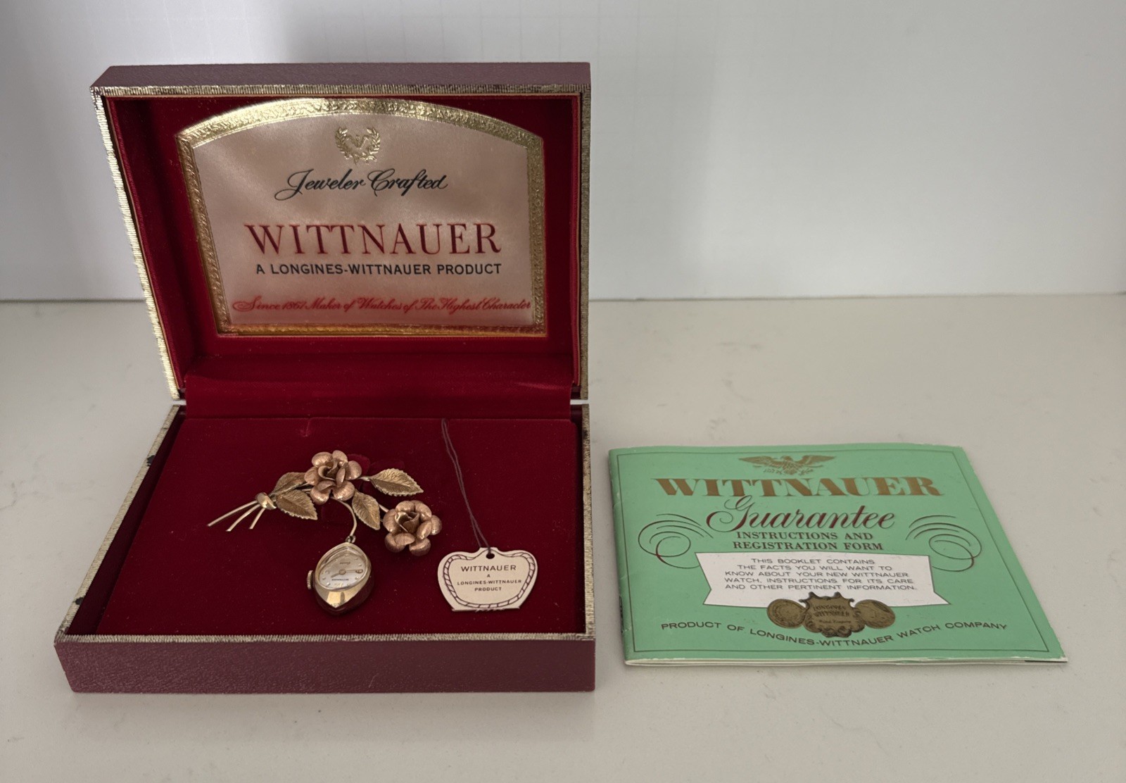 RARE Vintage Wittnauer Watch Swiss 10K Gold Filled Rose Flower Brooch With Box