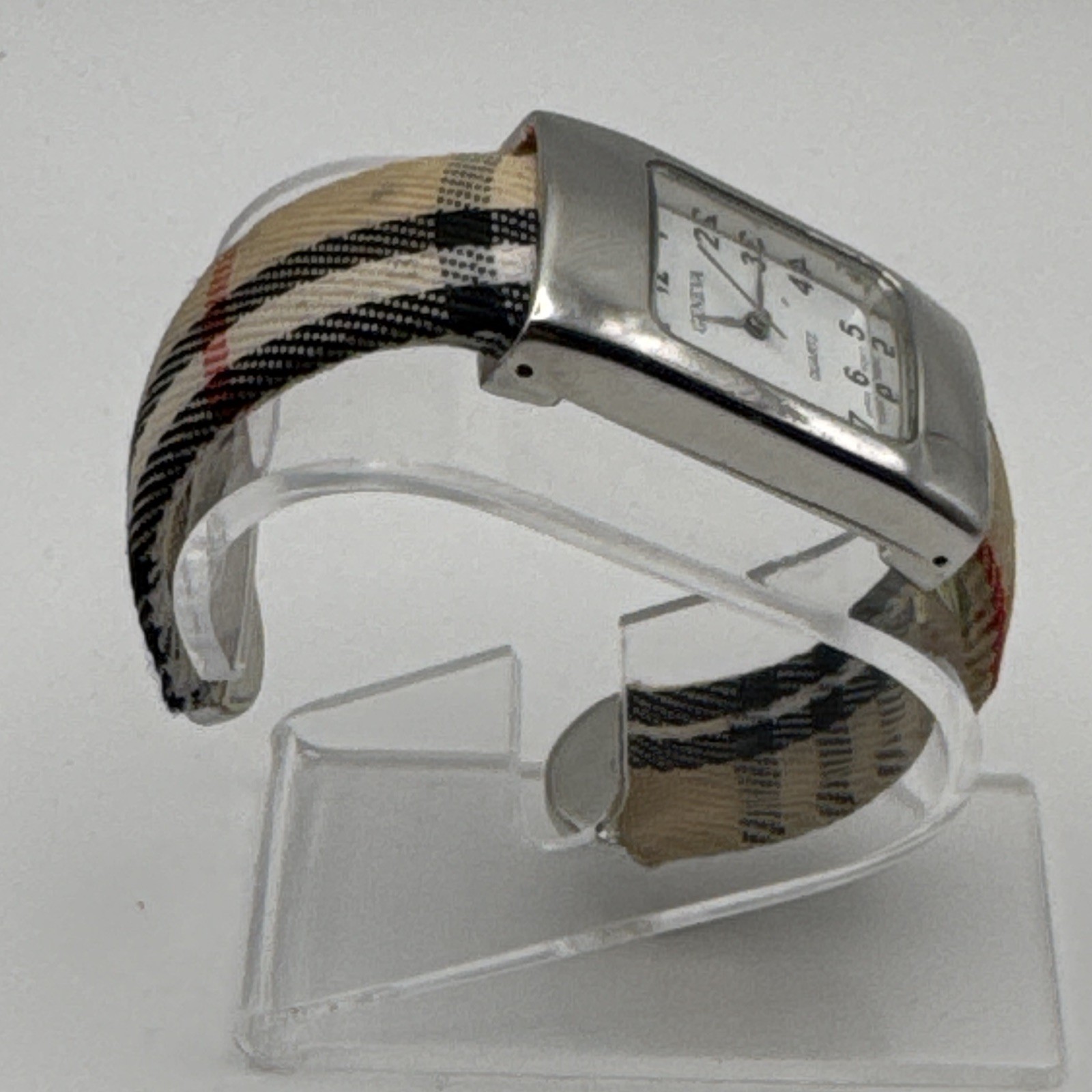 Geneva Women’s Quartz Rectangle Silver Tone Plaid Fabric Bangle Cuff Watch Works