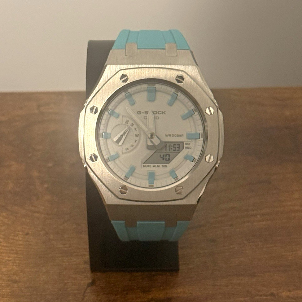 Casioak G-SHOCK GA-2100 Analog-Digital Quartz 200m Silver Case Blue Resin Band