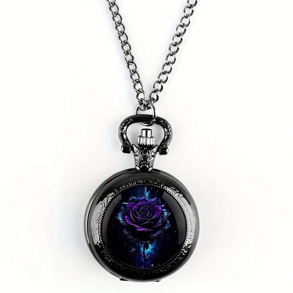 Purple Rose Quartz Pocket Watch Black Necklace Chain Men Women Gift Retro Unique