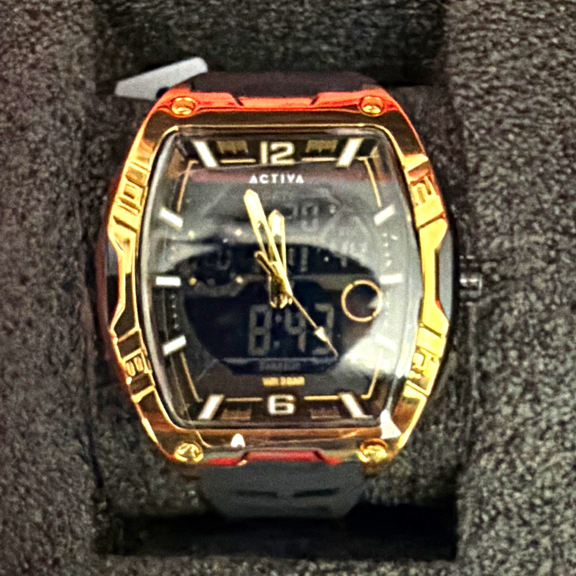 Activa Men’s Sport Analog-Digital Quartz Watch Black Dial Rubber Strap Gold