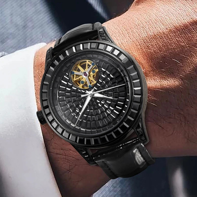 ?USA?PINDU Men’s Automatic Watch Mineral Glass Luminous Black Leather P5037
