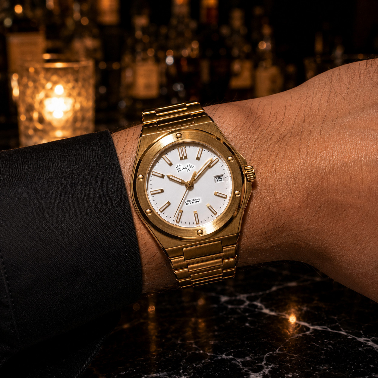 Custom Élan Noir Day-Mark Auto NH35 Watch Gold White Dial Sapphire Steel 41mm