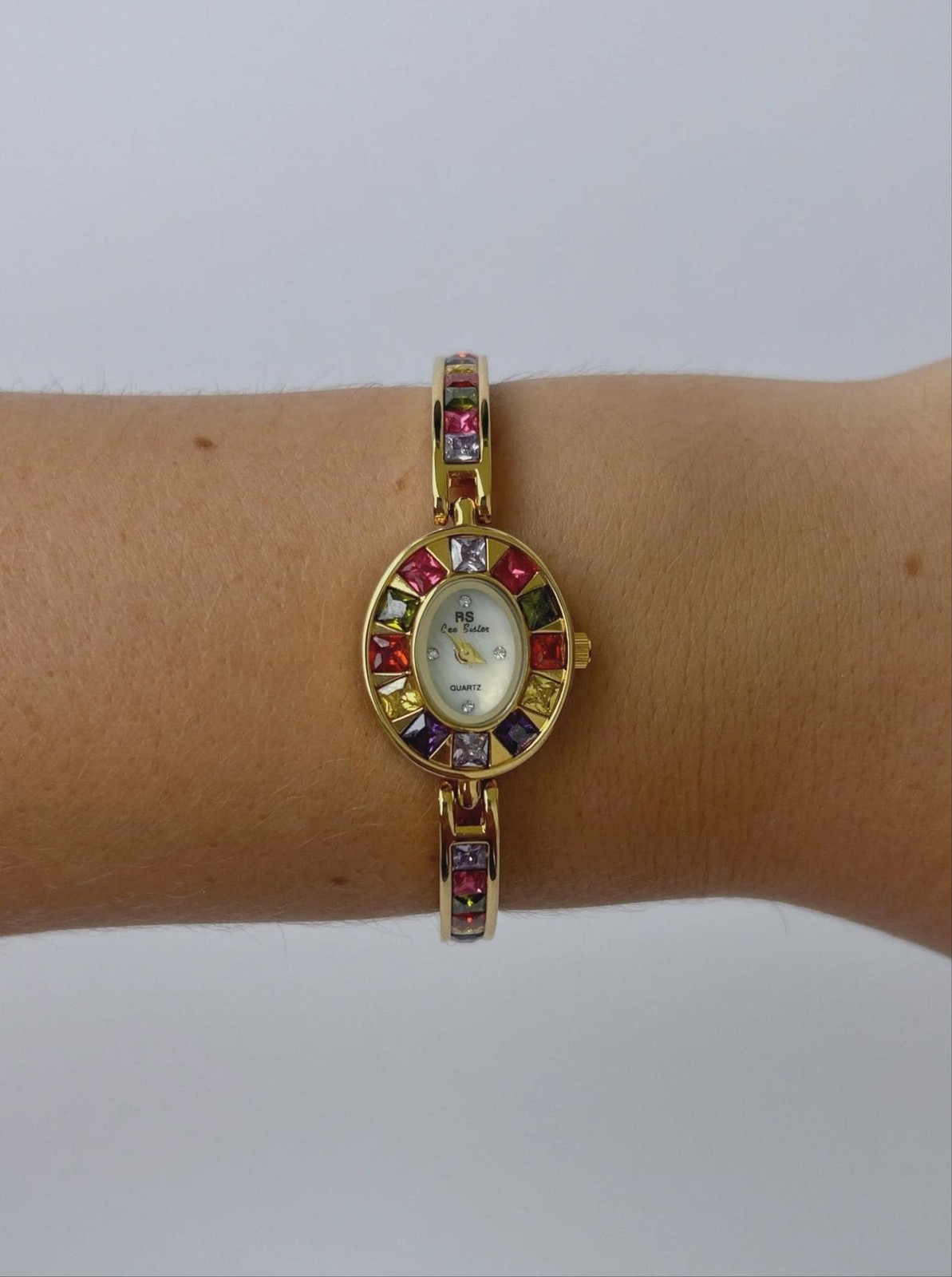 Multicolour Gem Watch Women, Retro Gold Bracelet Watch, Small Face Colourful Sto