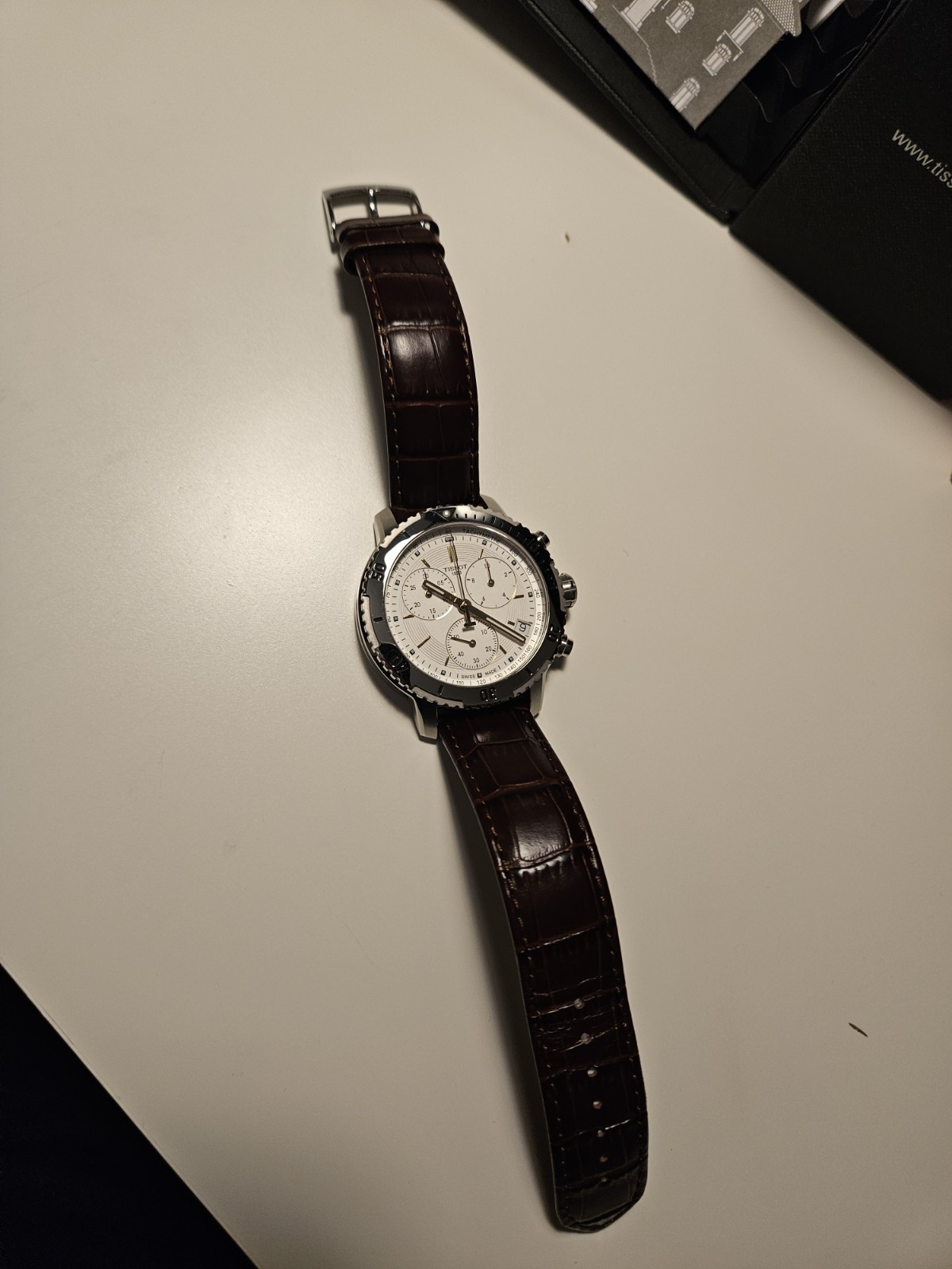 Tissot PRC 200 Chronograph Silver Dial Brown Leather Strap T067417A full Set