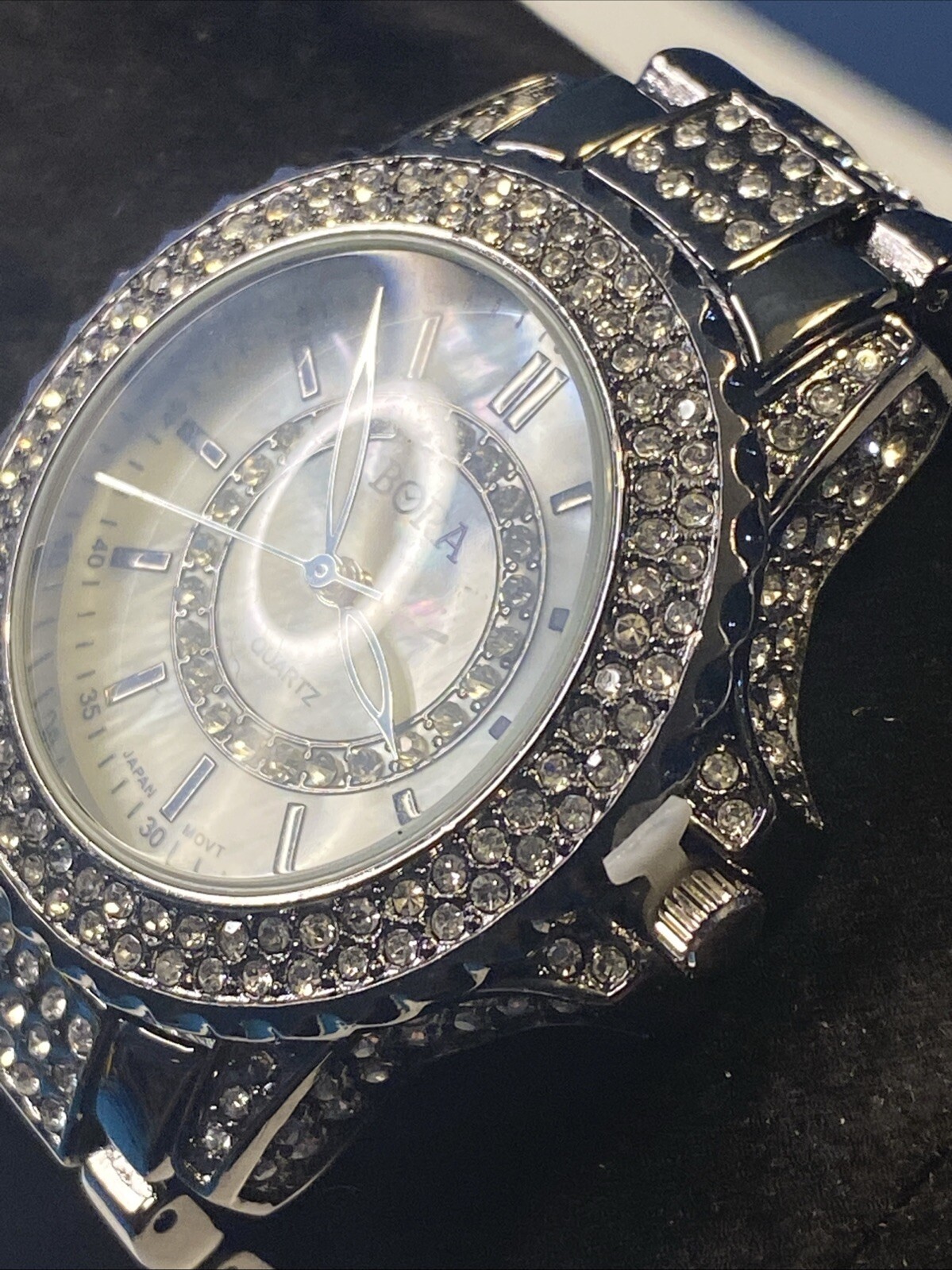 Bora Watch Women 37mm Crystal Bling Gun Metal Color New Battey Band Bling