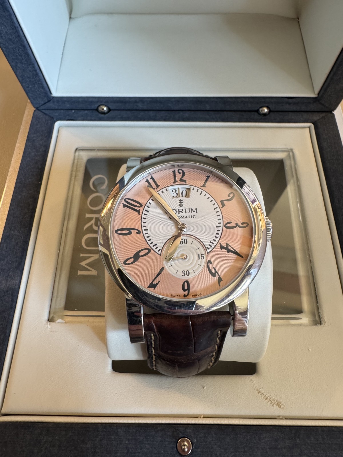 CORUM CLASSICAL GRANDE DATE 42mm WATCH STEEL CASE BROWN ALLIGATOR LEATHER STRAP