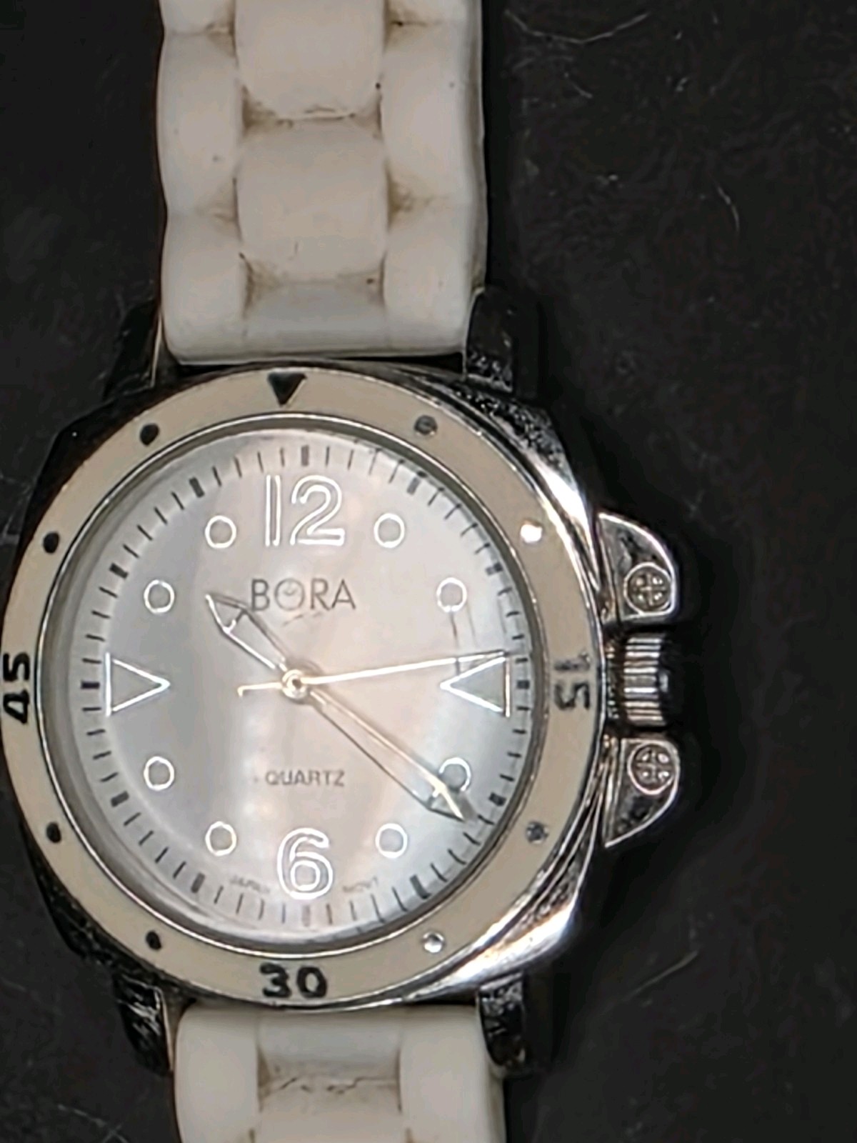 Bora Quartz Women’s Watch-Silver Tone, White Strap, Dressy & Elegant