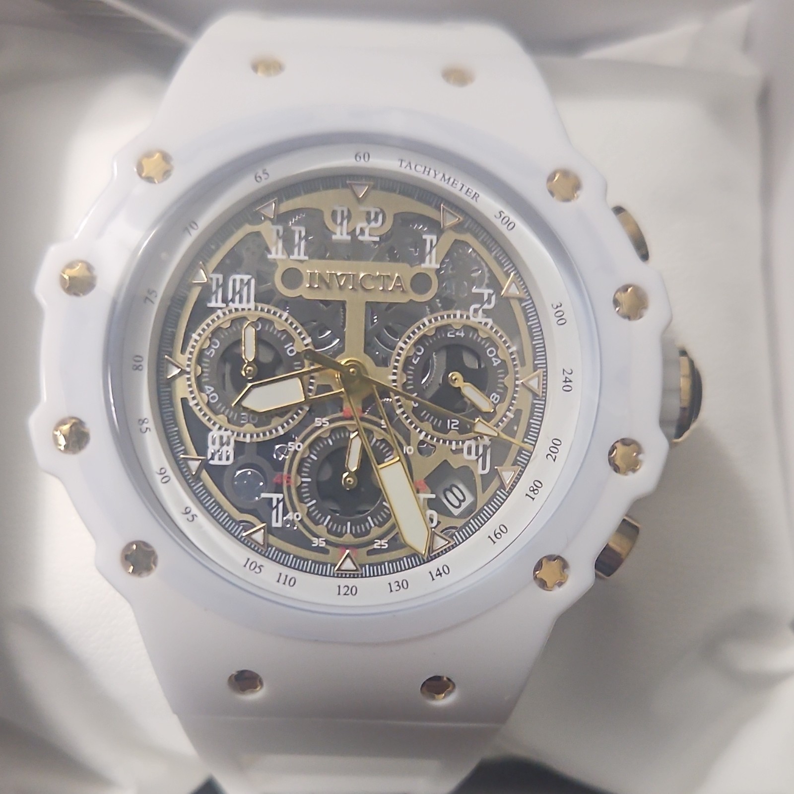 Invicta Men’s Quartz Chronograph Watch 50mm 50m Tachymeter Date Skeleton Dial