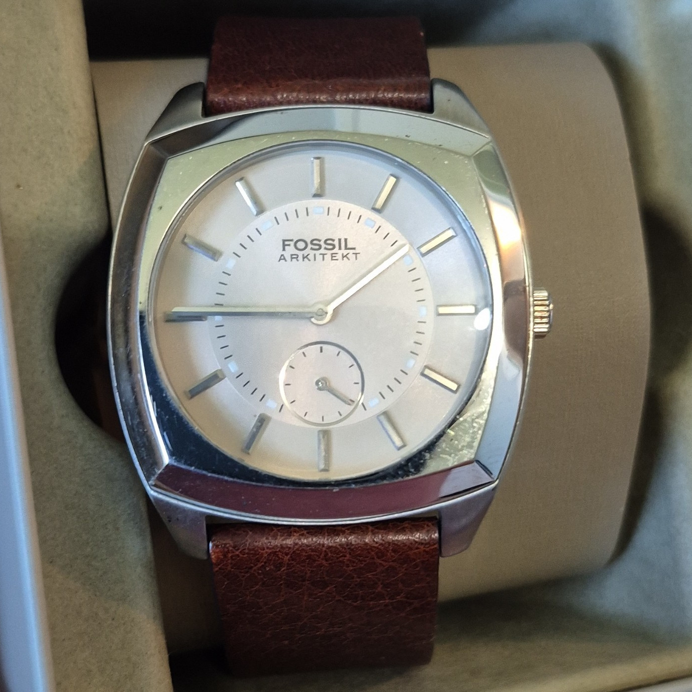 Fossil Arkitekt Quartz Cushion Watch Silver Brown Leather Strap Need Battey