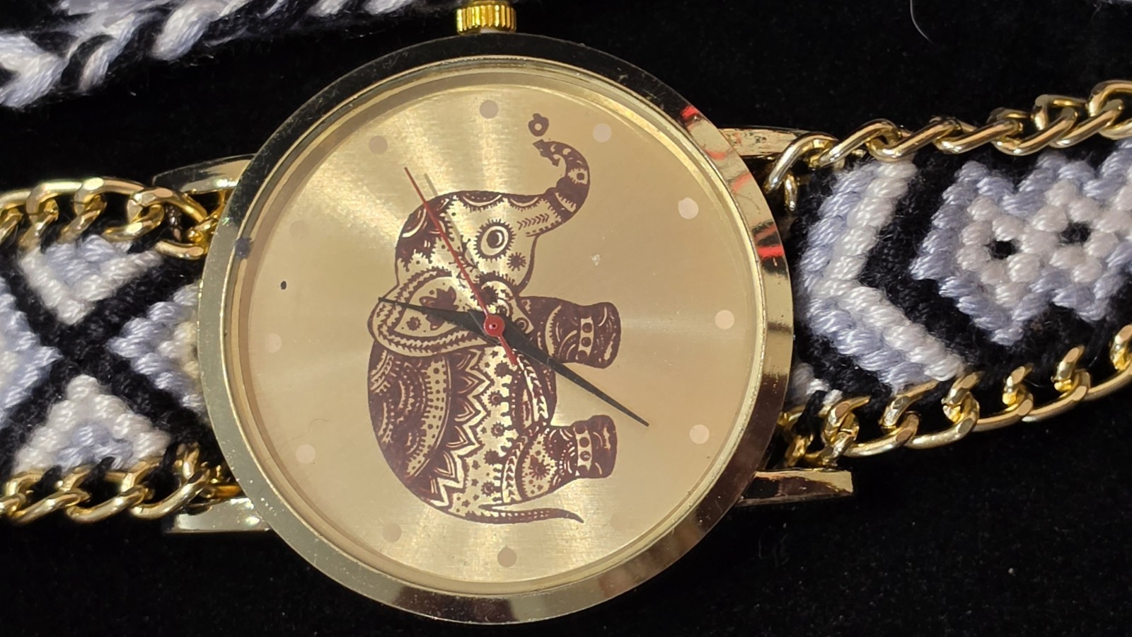 Women’s Elephant Dial Wrap Wristwatch Gold Tone Case Black/White Fabric Strap