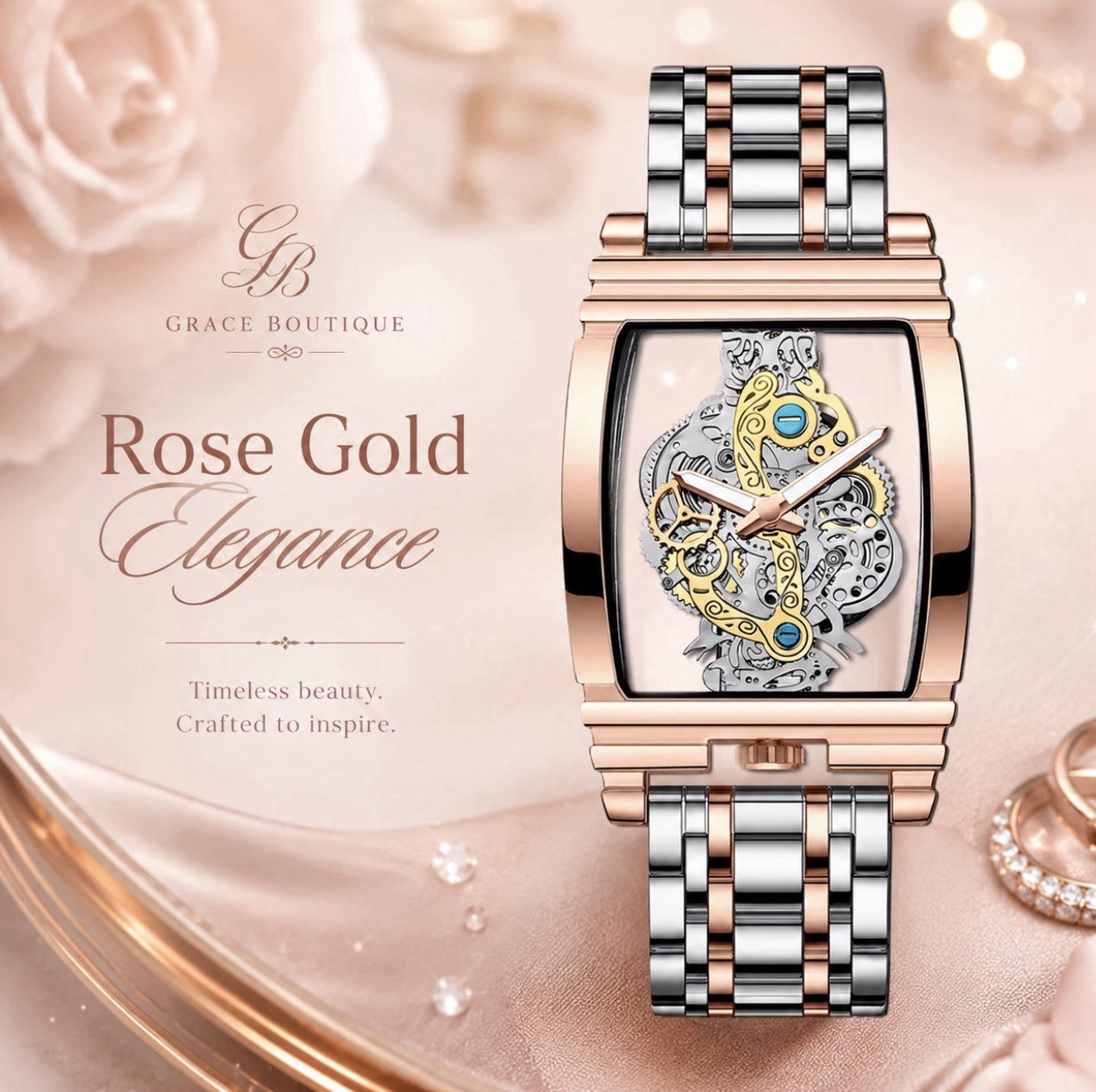 Grace Boutique Rose Gold Skeleton Dial Quartz Watch Two-Tone Bracelet 30m