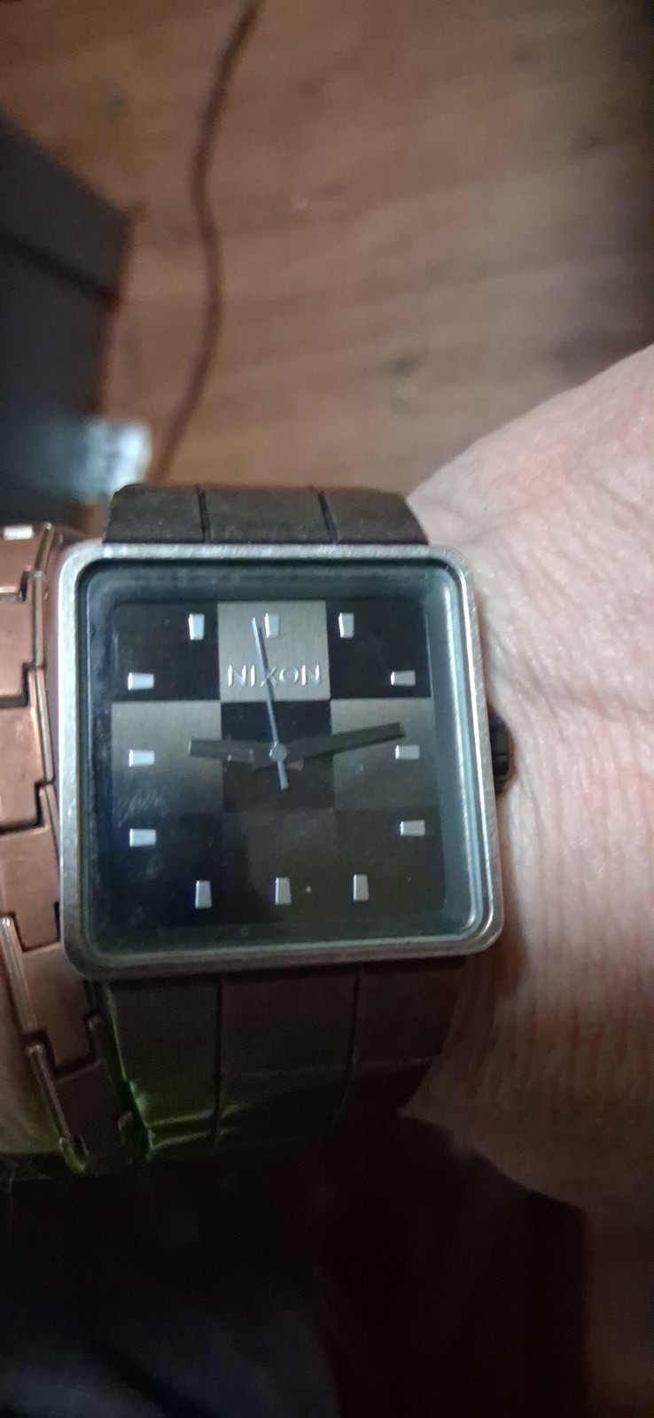 Nixon Square Analog Quartz Watch Silver Steel Bracelet Black Checkered Dial