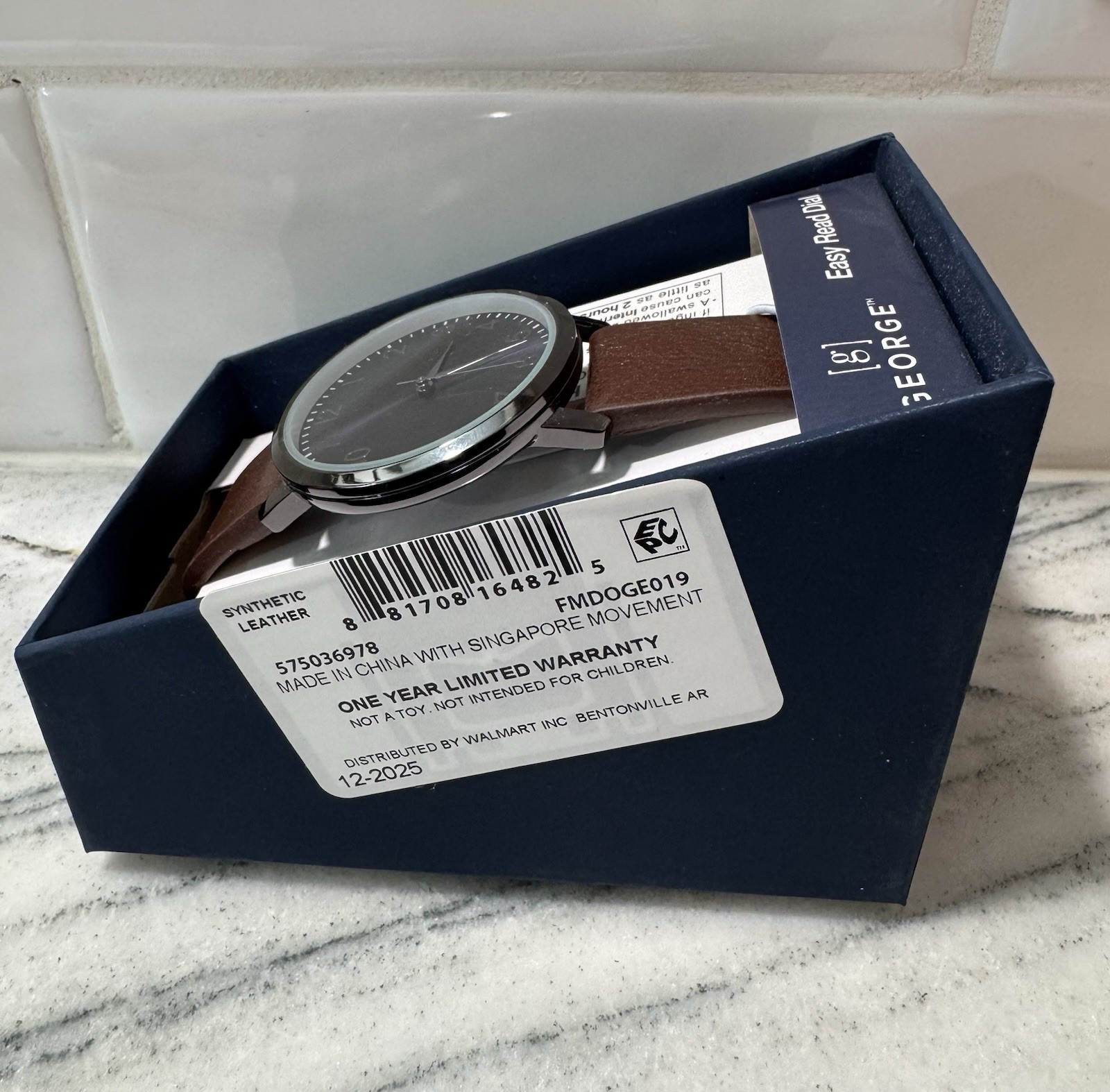 George Men’s Sliver Tone Case Analog Watch With Faux Brown Leather Strap New