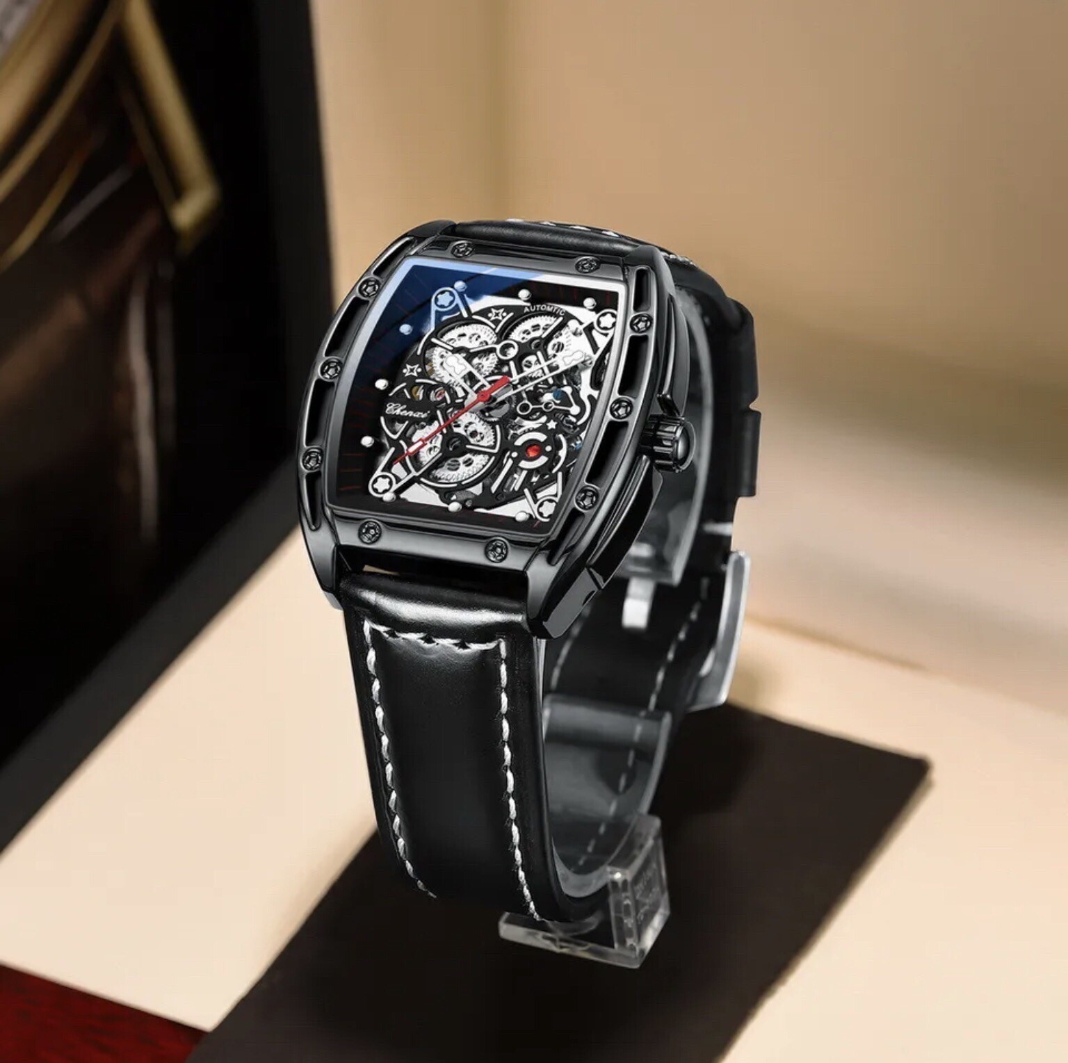 CHENXI Men’s Skeleton Automatic Mechanical Tonneau Shaped Watch Waterproof Gift