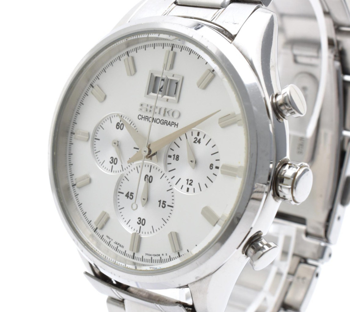 Seiko Chronograph 7T04-0AE0 White Dial Big Date Men’s Quartz Watch Silver SBPY