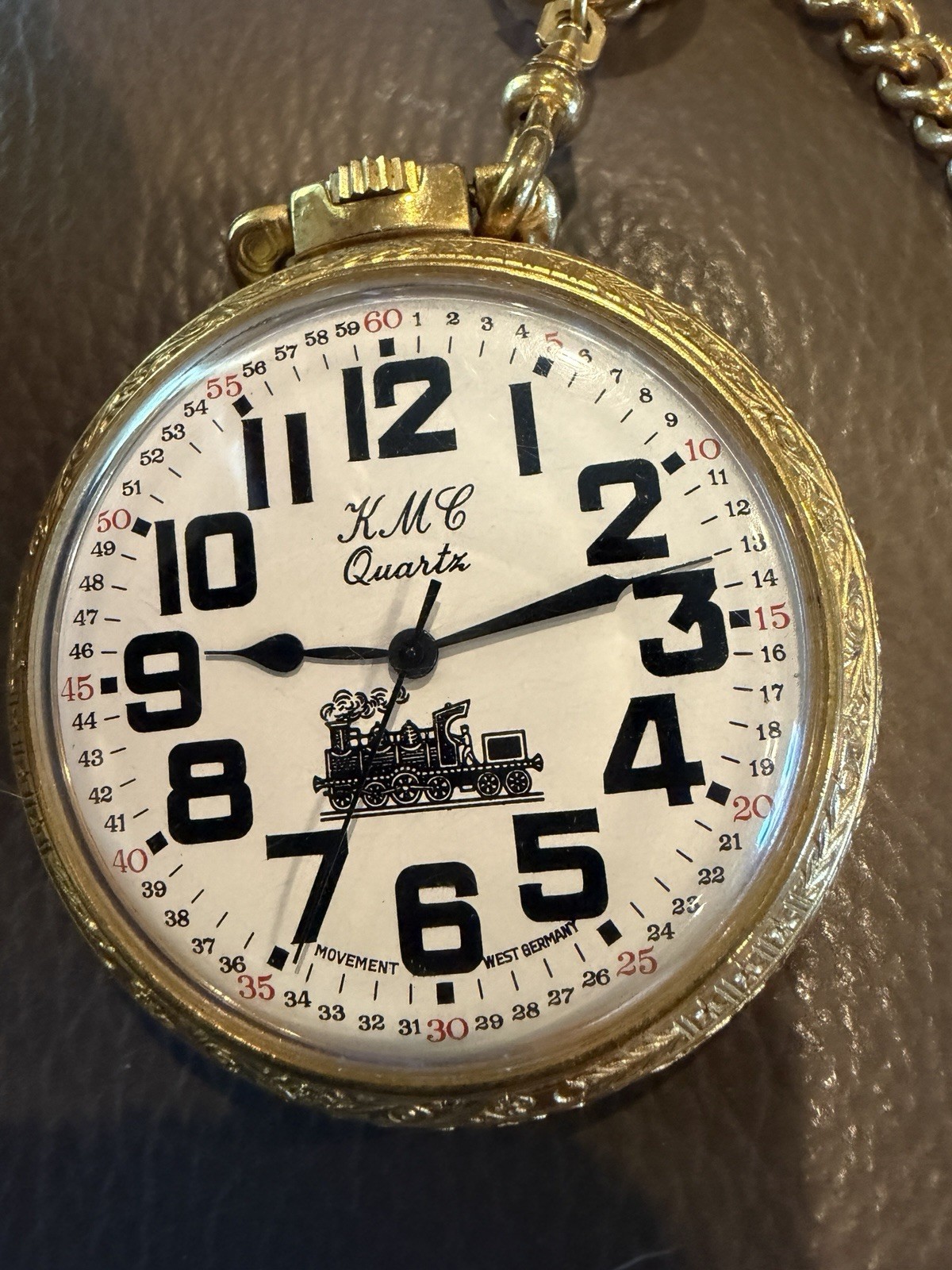 Vtg. 1970’s KMC QUARTZ West Germany TRAIN engraved POCKETWATCH