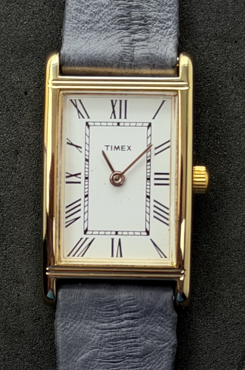 Vtg New 1997 TIMEX Tank Womens 32mm Quartz Watch Gold White Roman Num Gray EEL