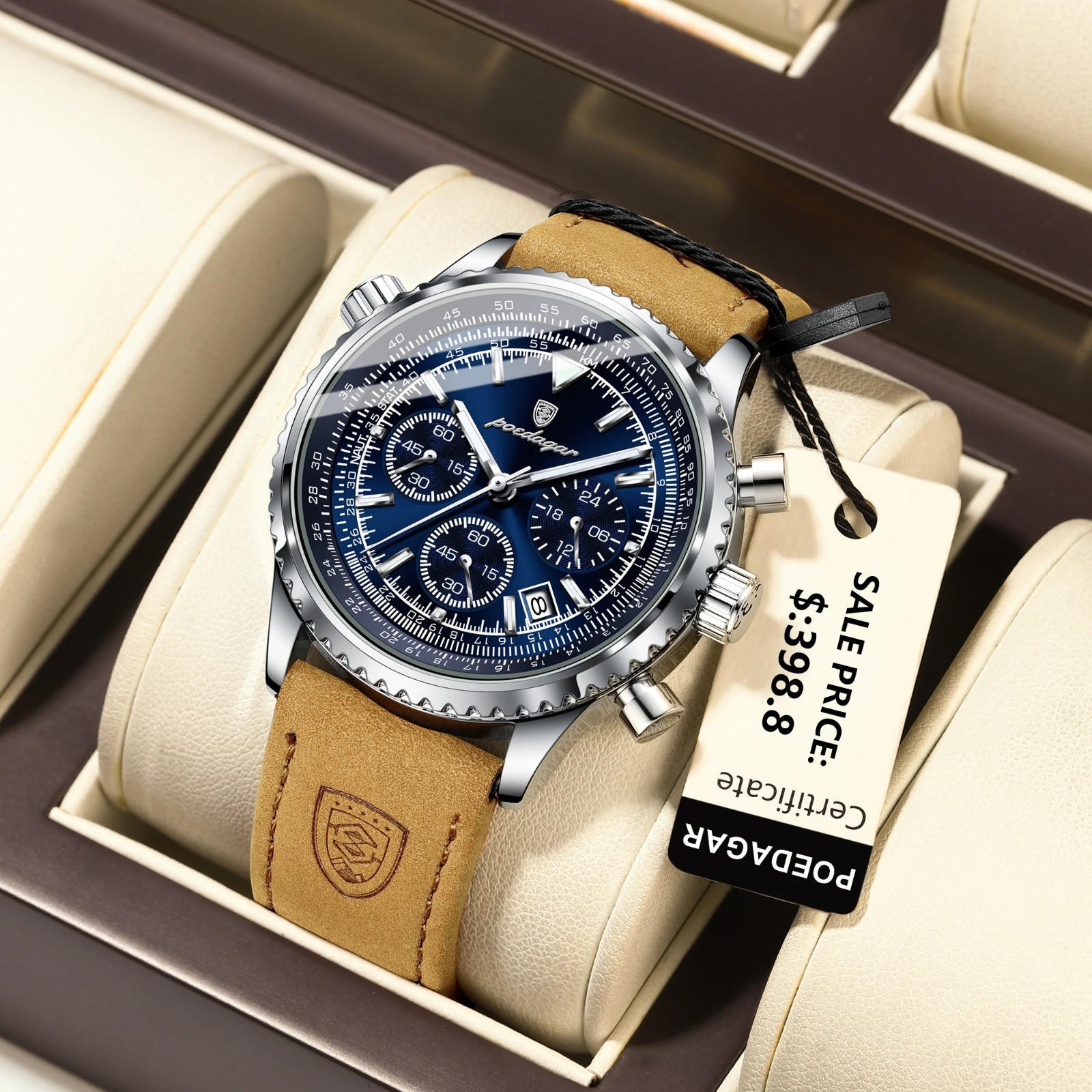 POEDAGAR Luxury Men Quartz Watch Waterproof Chronograph Leather Best Gift