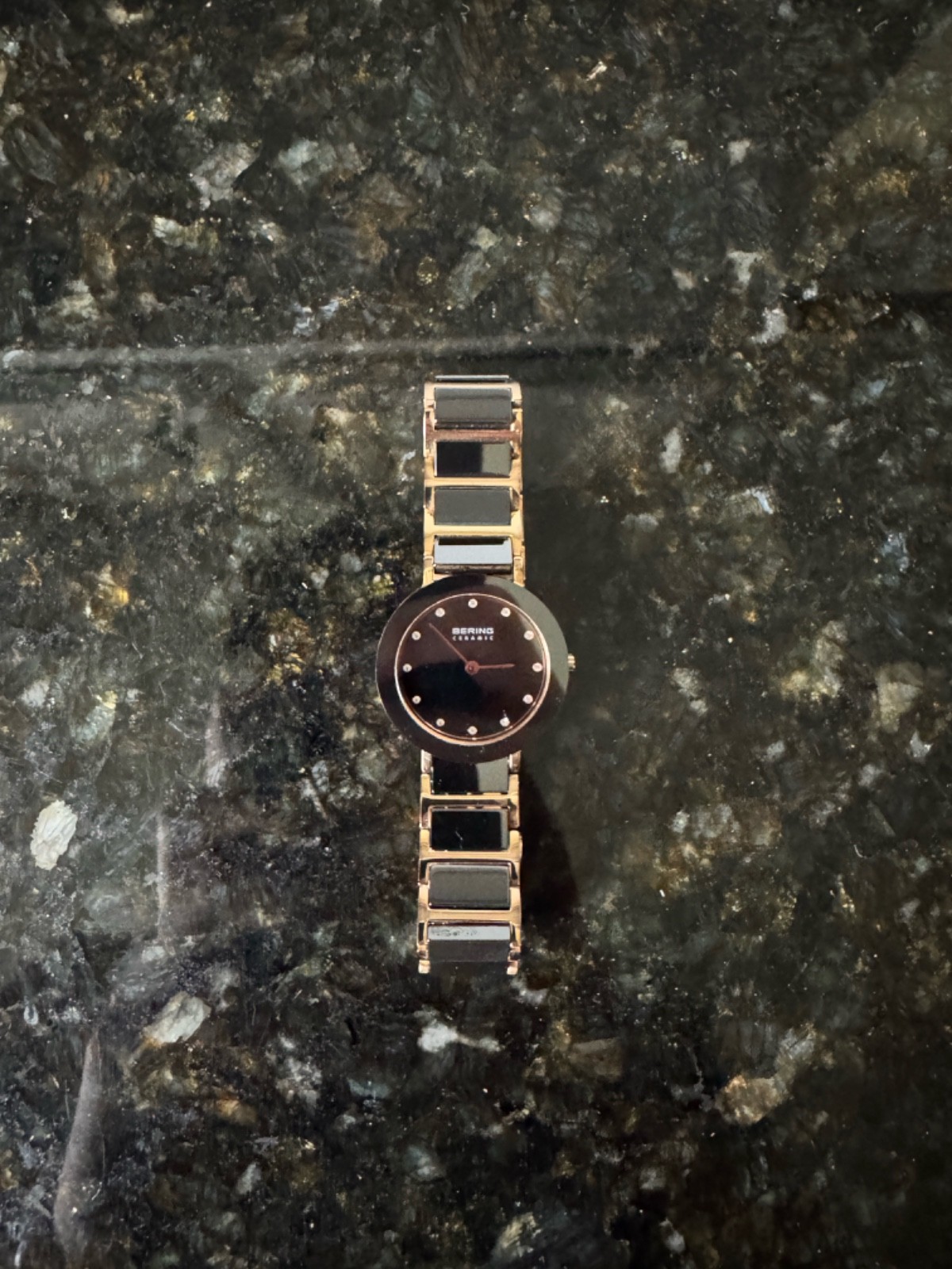 Bering Ceramic Women’s Watch Black Rose Gold Link Bracelet Swarovski Sapphire