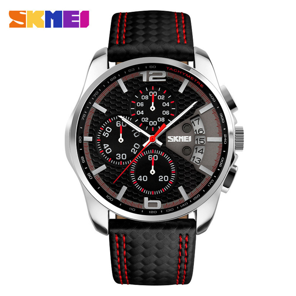 SKMEI Men Quartz Watch Leather Strap Chronograph Date Male Business Wristwatches