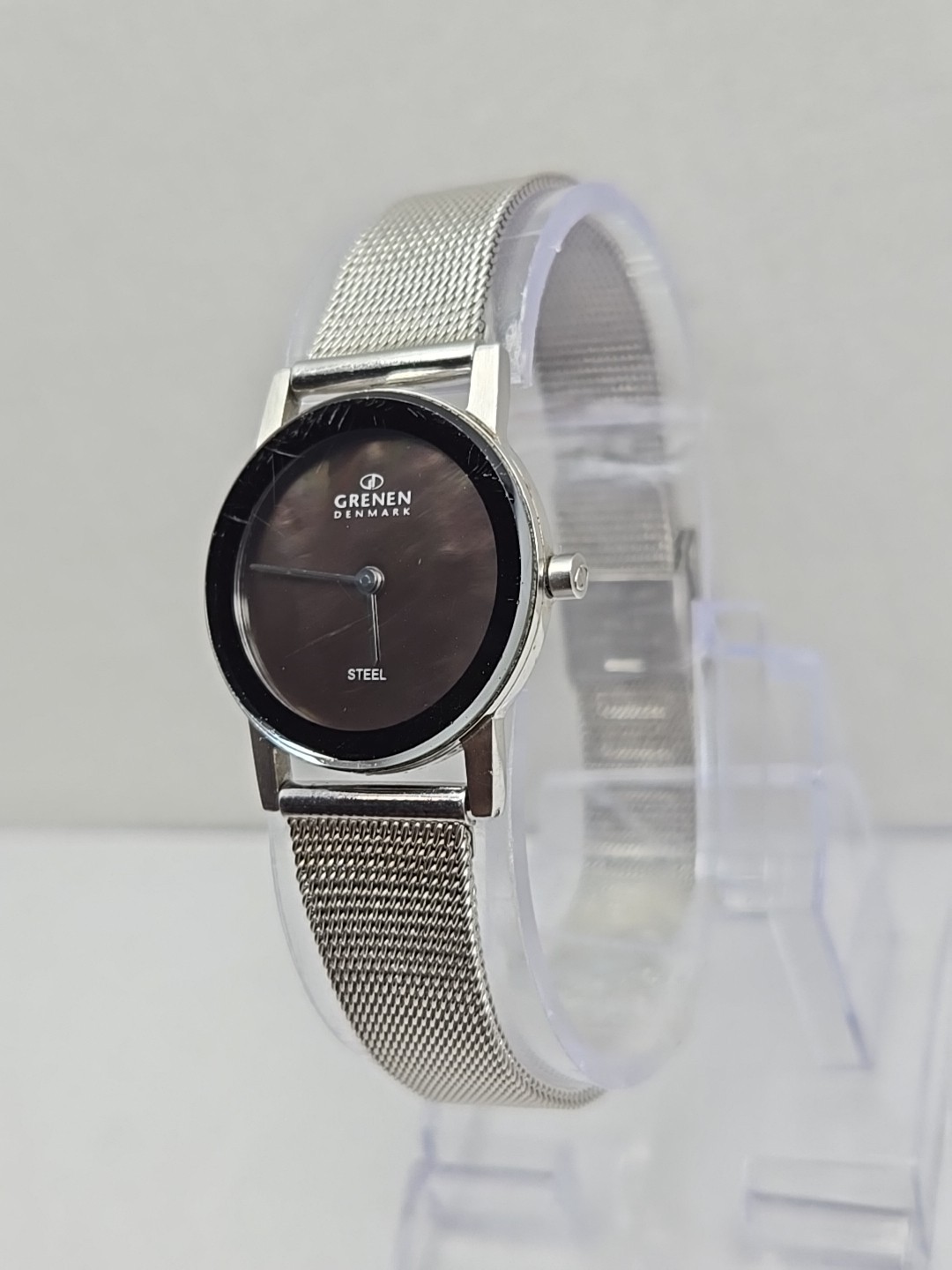 Grenen Denmark Womens Silver Mesh Watch Black Mother Of Pearl Dial New Battery
