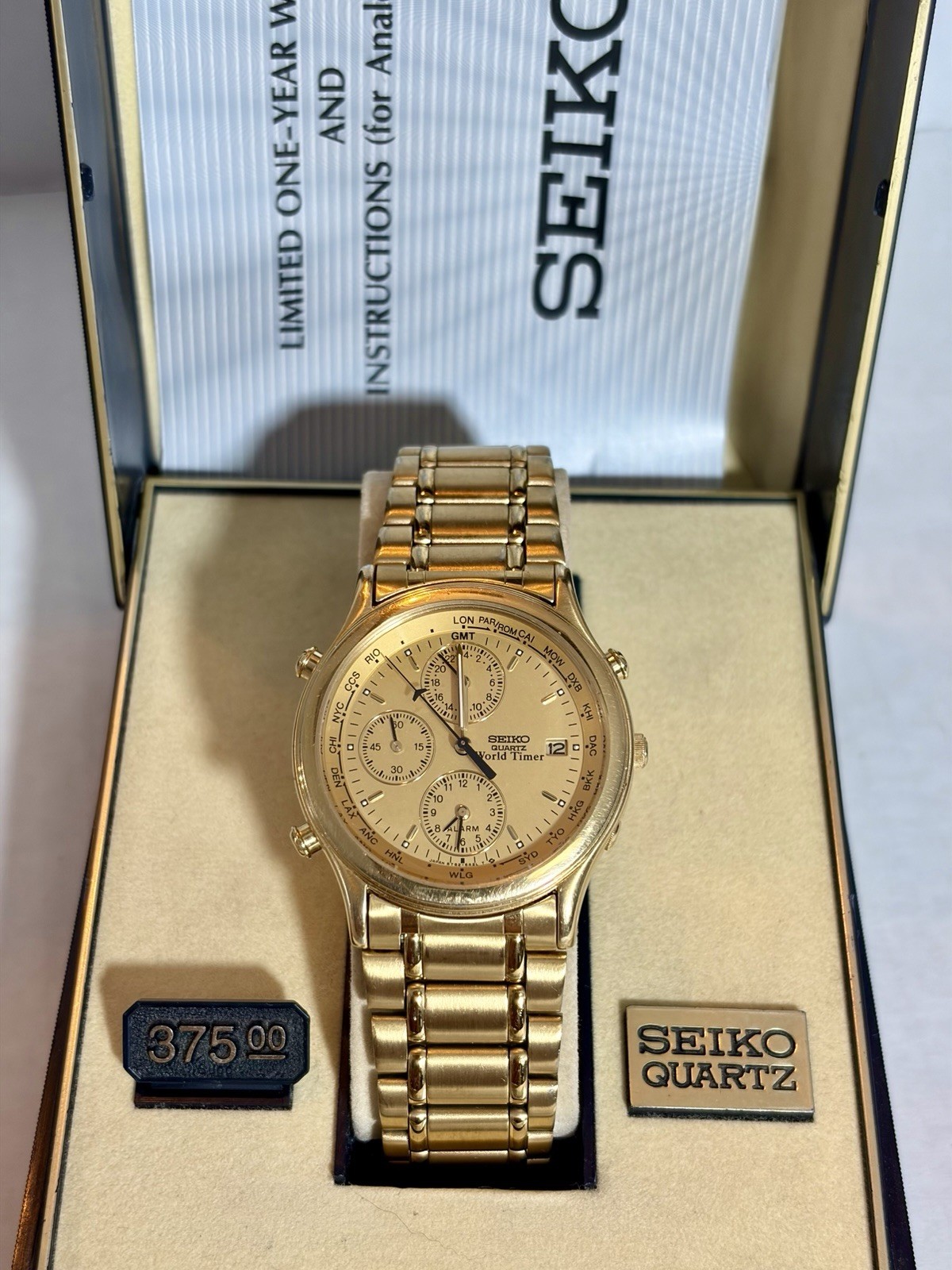 Seiko Quartz World Timer Alarm Date Gold Dial Gold Bracelet Watch – Full Set