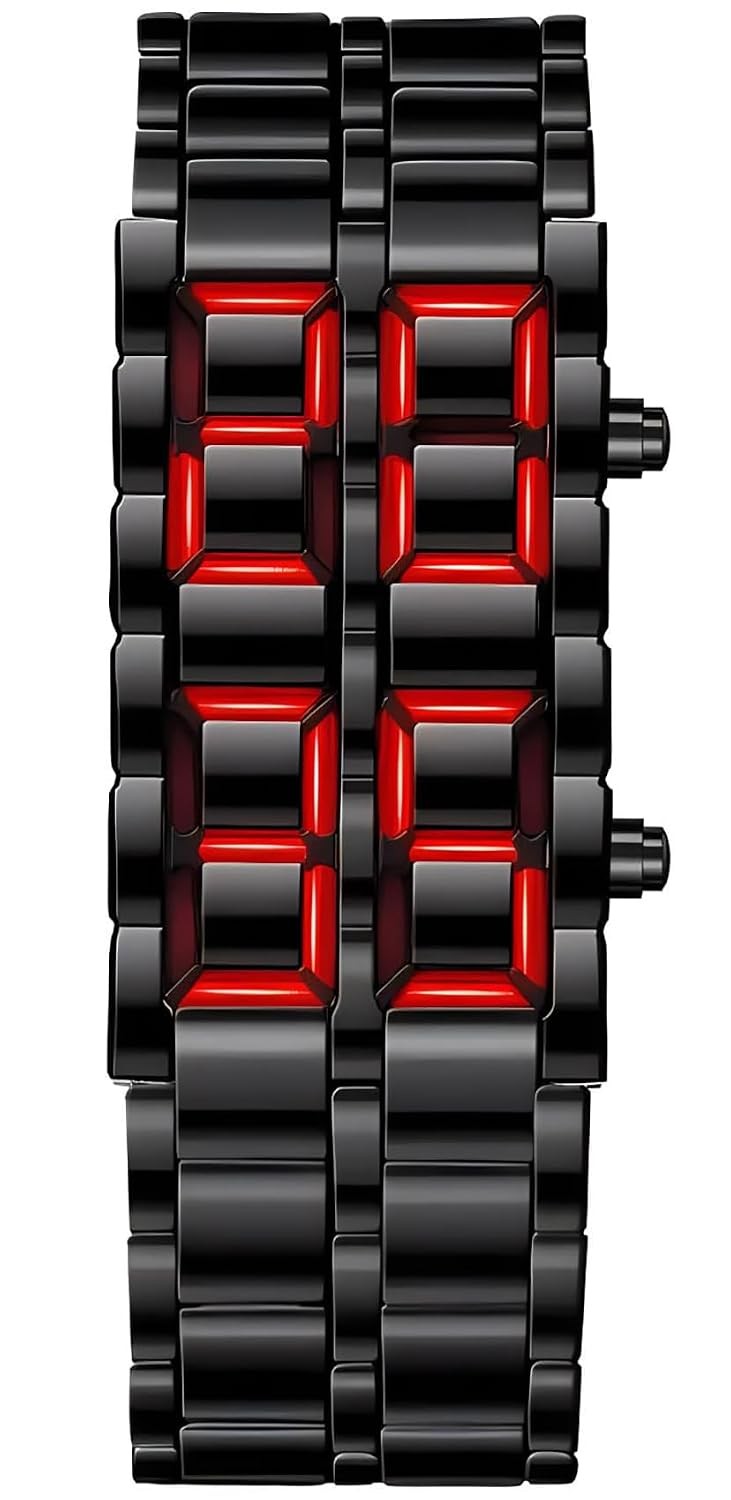 Men’s Stainless Steel Red Digital Watch Black Band Blue LED Display