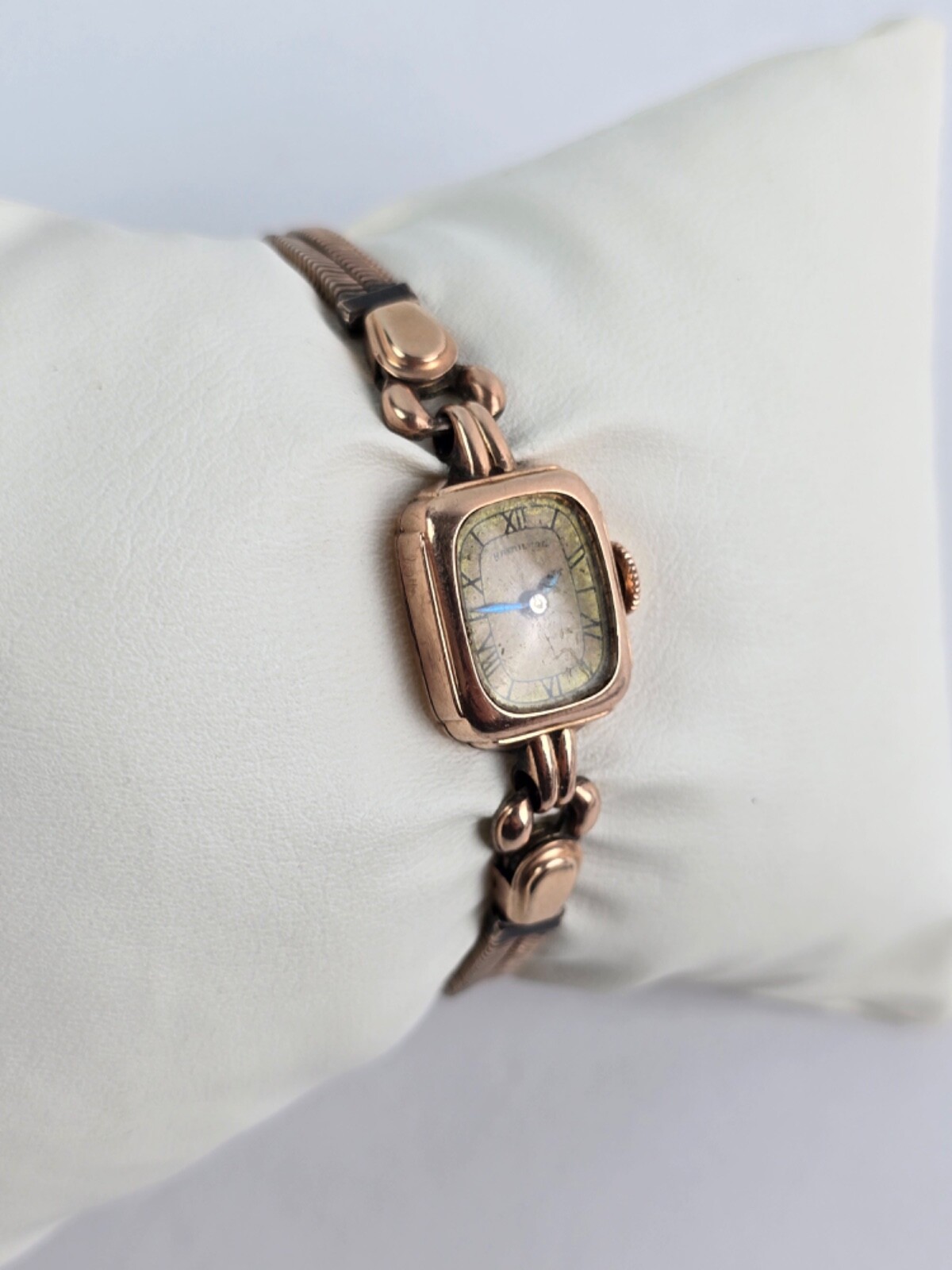 Hamilton 14K Rose Gold Filled Women’s Wrist Mechanical Watch 17j Runs -Aged dial