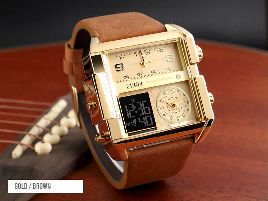 Men’s Triple Sub-Dial Quartz Watch Genuine Leather 3 Timezone Stopwatch Gold