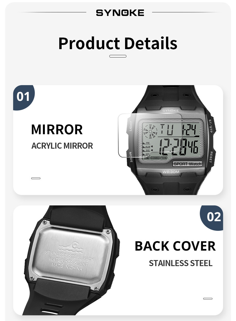Mens Waterproof Watch Multifunctional Large Screen LED Display Sports Watch Gift