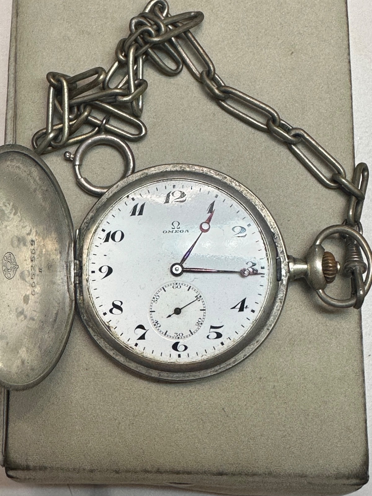 Antique OMEGA 800 Solid Silver Pocket Watch 1920 Cal 17.5B Floral With Chain 97g