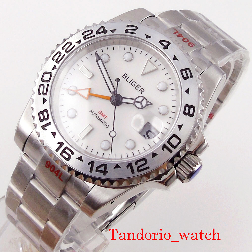 40mm Bliger White Dial GMT Automatic Mens Watch Sapphire Glass Oyster Strap Date